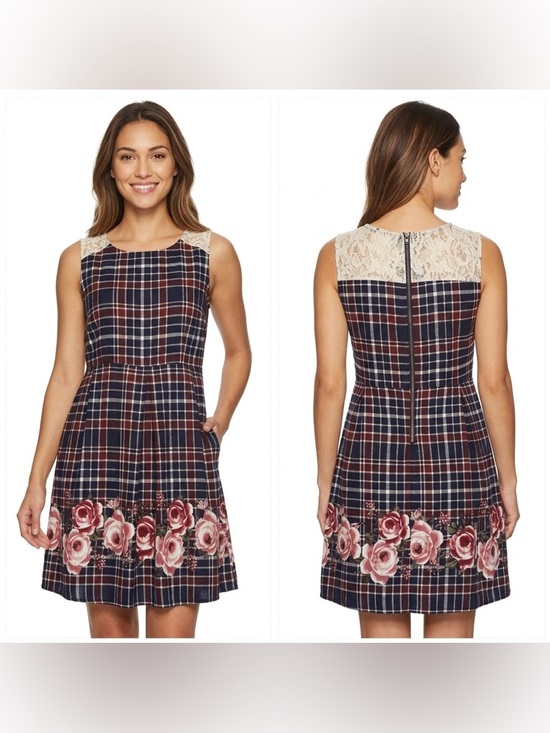 Xhilaration Dresses & Skirts - Xhilaration Navy Plaid Midi Dress with Pink Floral Design